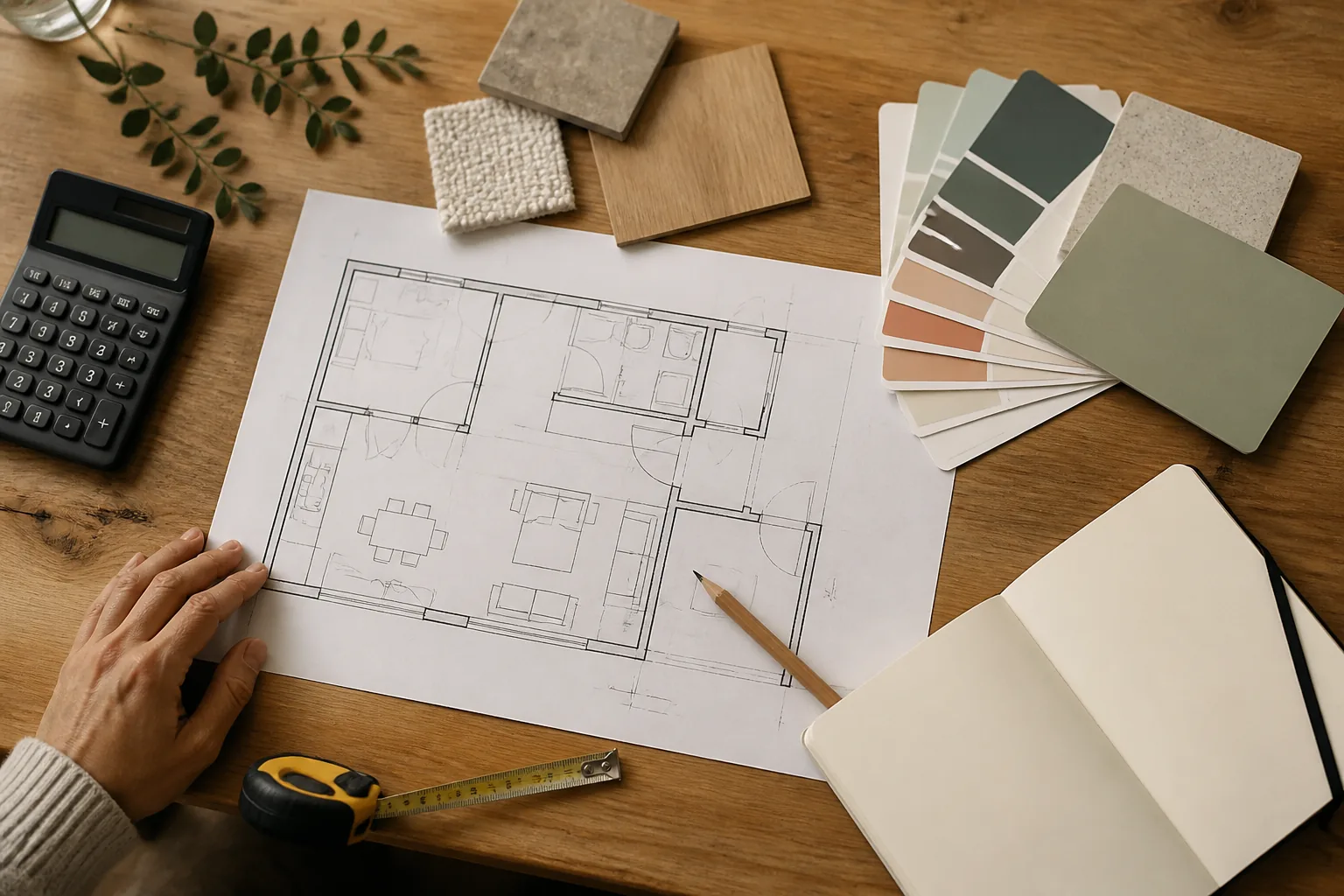 Plattegrond, meetgereedschap en materiaalstalen op een houten tafel