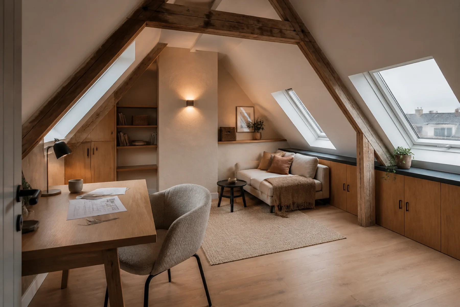 Afgewerkte zolderkamer met dakramen, werkplek en ingebouwde kasten
